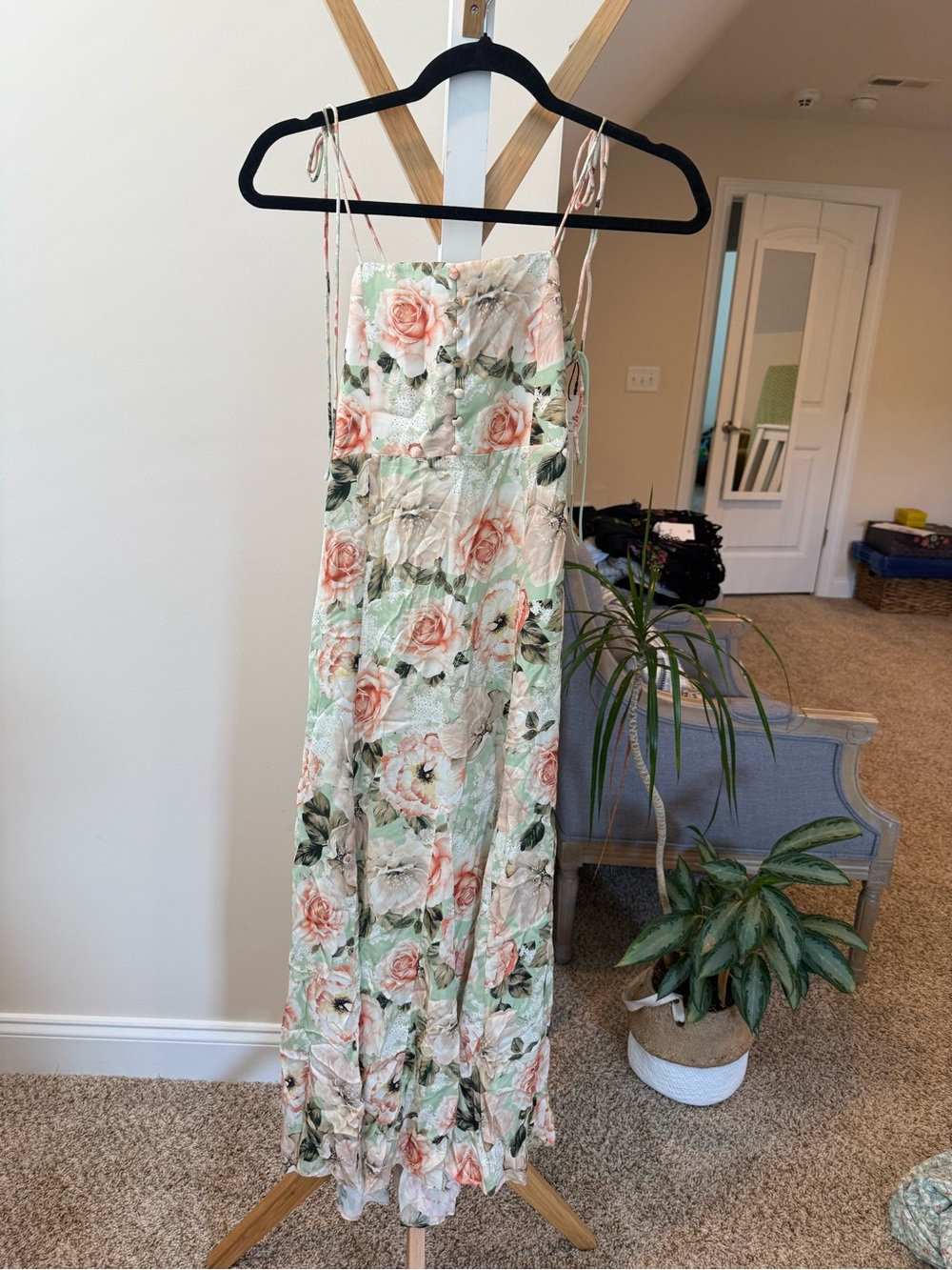 Floral Tie-Strap Midi Dress - Mint & Blush